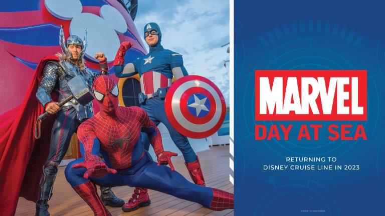 DCL Marvel Day at Sea on the Disney Dream. Characters posing on deck.