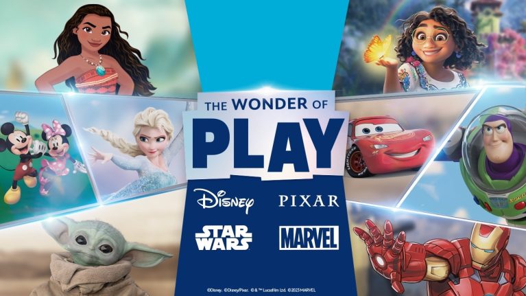 collage of moana, mickey, Minnie, gorge, Mirabel, lighting Macqueen, buzz lightyear, iron men and text saying THE WONDER OF PLAY
