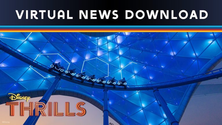 Tron Ride at Magic Kingdom with text saying "Virtual New Download" and the Disney Thrills logo