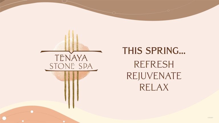 Pink graphic with writing saying "TENAYA STONE SPA THIS SPRING... REFRESH REJUVENATE RELAX"