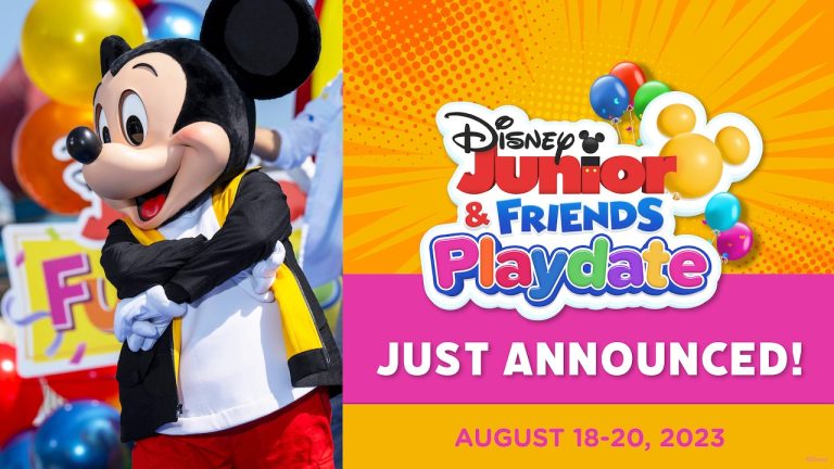 mickey next to text saying "Disney Junior & Friends Playdate Just announced! August 18-20, 2023"
