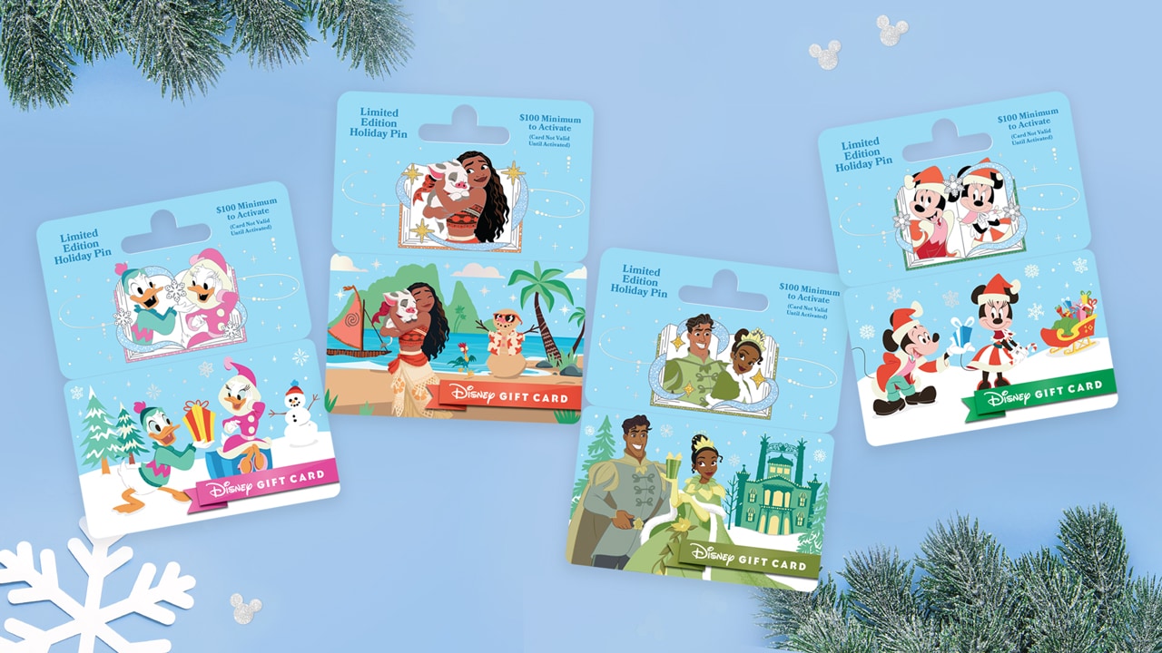 Disney Gift Card 2023 Holiday Pins Featuring Mickey, Moana and Tiana Now Available blog header