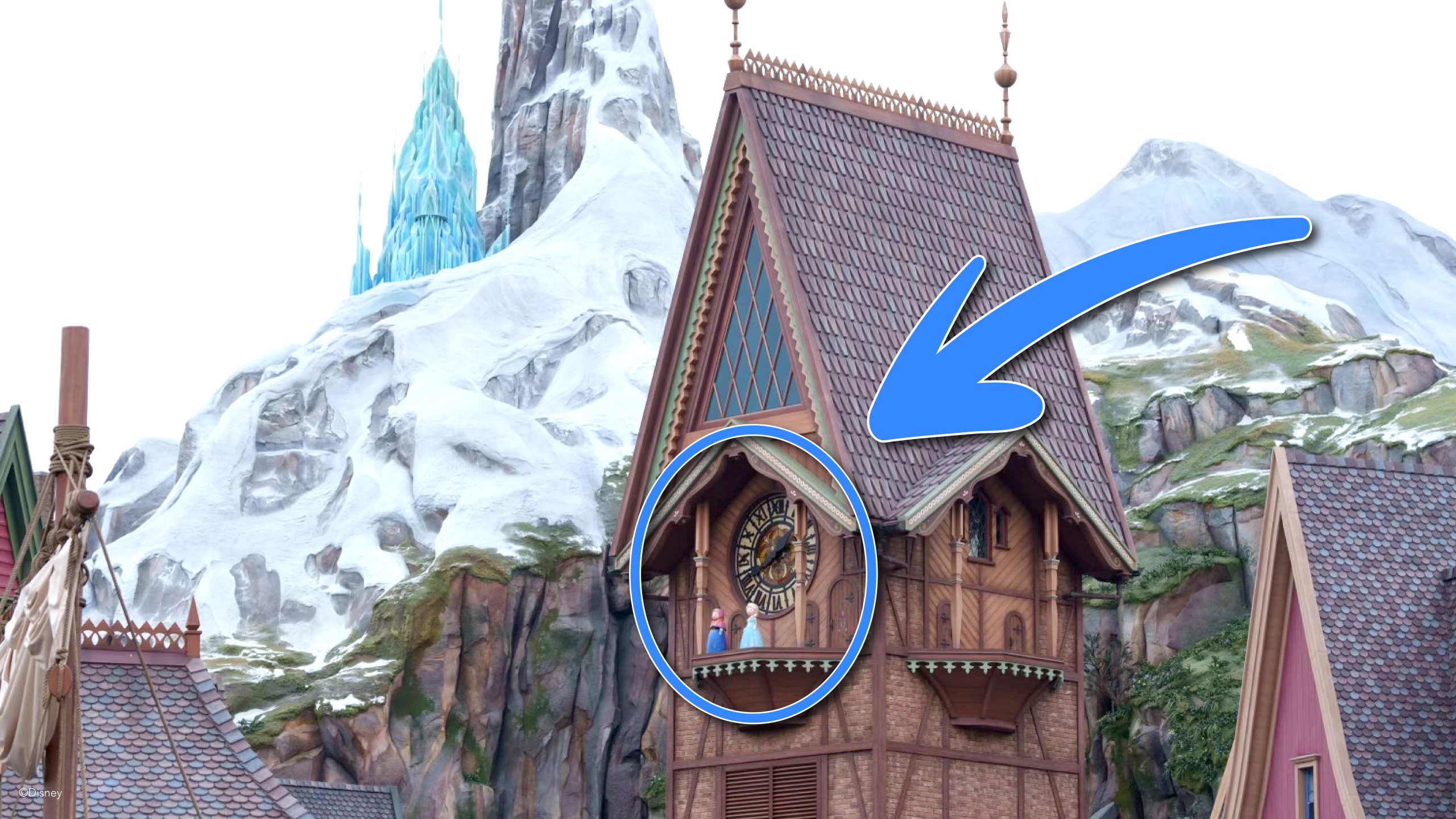World of Frozen Easter Egg of Anna and Else on the Clock Tower at Hong Kong Disneyland