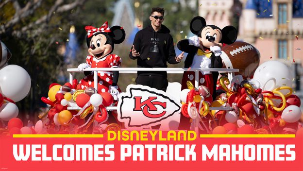 Patrick Mahomes in a float with mickey and Minnie Mouse
