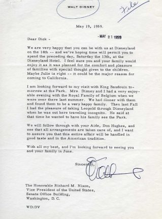 Letter from Walt Disney confirming Richard Nixon's attendance at the Disneyland ceremony. 