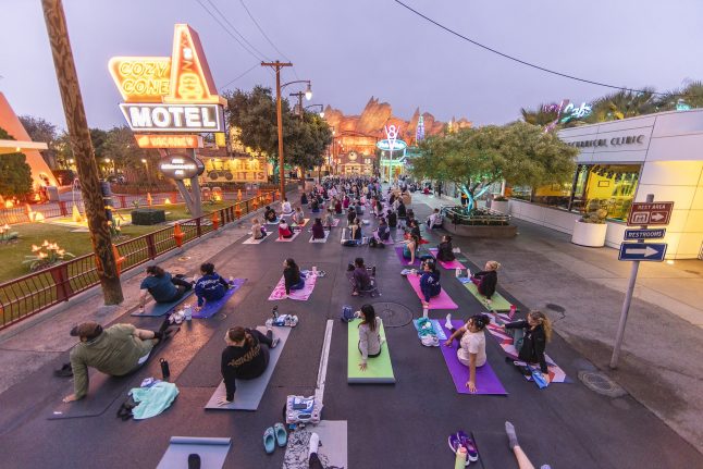 Disney Cast doing yoga, Disneyland Resort