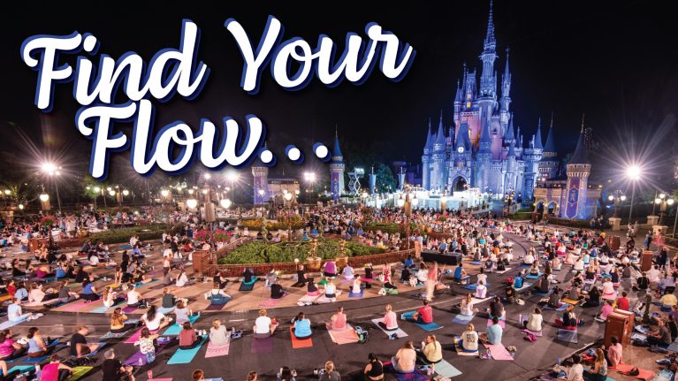Disney Cast doing yoga, Find Your Flow text on image