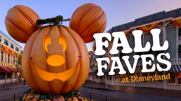 Mickey Pumpkin with text "Fall Faves at Disneyland Resort"