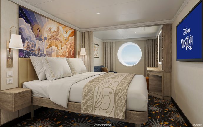 Concept art of Disney Destiny Oceanview Stateroom