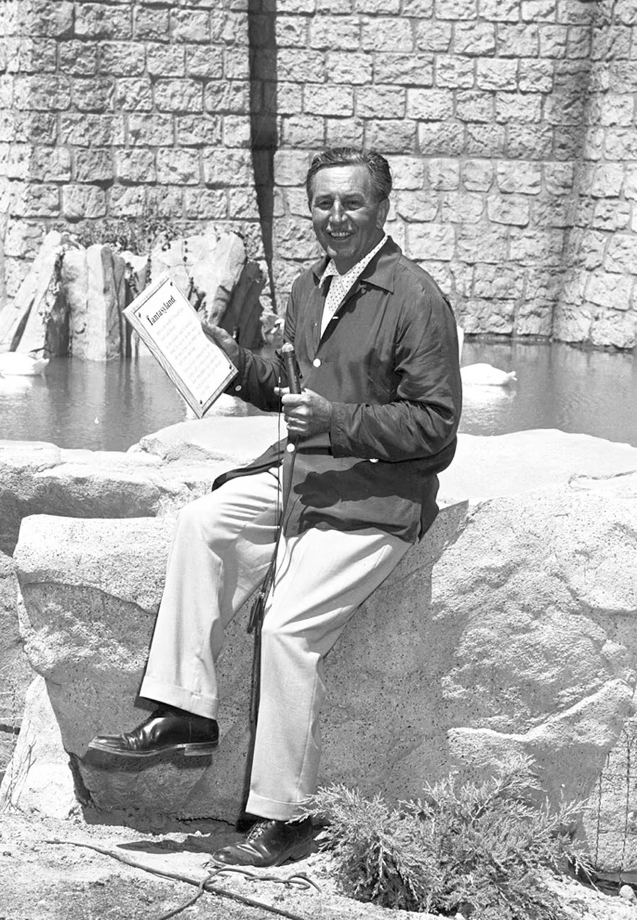 Walt Disney practices the dedication of Fantasyland in the area just southwest of Sleeping Beauty Castle