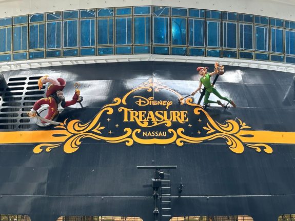 Peter Pan and Captain Hook as stern characters on the Disney Treasure