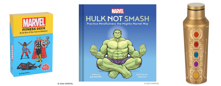 Marvel Fitness Deck: Be the Hero of Your Exercise Adventure cards; Marvel Hulk Not Smash: Practice Mindfulness the Mighty Marvel Way; Infinity Stones Stainless Steel Canteen by Corkcicle