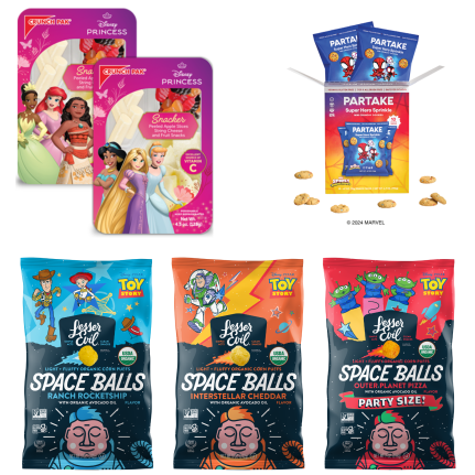 Disney Princess Crunch Pak; Marvel Crunchy Super Hero Sprinkle Mini Cookie Snack Packs;  Toy Story Outer Pizza Planet and Toy Story Interstellar Cheddar flavored Space Balls