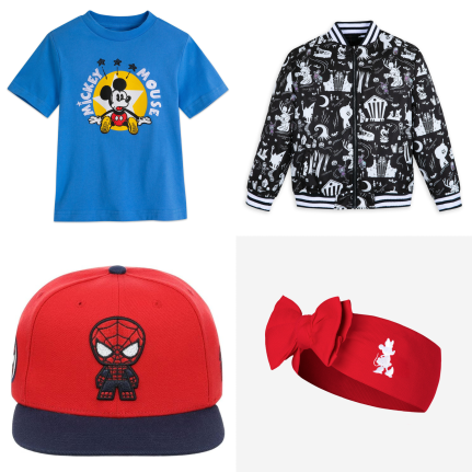 Blue Mickey Mouse t-shirt; The Nightmare Before Christmas Varsity Jacket; Spider-Man Snapback; Minnie Mouse Bow Headband