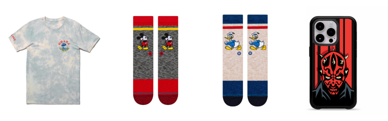 Ohana Short Sleeve Tee; Mickey Mouse socks; Donald Duck socks; Darth Maul phone case