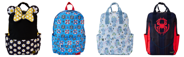 Minnie Mouse Daisy All-Over Print Loungefly backpack; Donald Duck Loungefly Backpack; Stitch Experiment 626 Loungefly backpack; Miles Morales Spider-Man Loungefly backpack