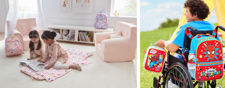 Two girls read a book in a room with Disney Princess decor; A boy poses with a Spider-Man backpack, lunchbox and water bottle