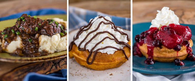 Beer-braised Beef; Belgian Waffle with warm chocolate ganache; Belgian Waffle with berry compote