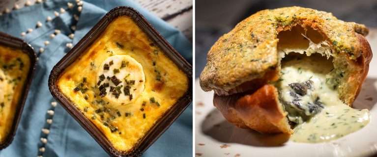 Moelleux aux Oignons Caramélisés et au Fromage de Chèvre; Brioche aux Escargots