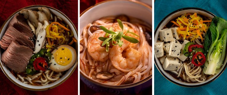 Ramen with shaved beef; Thai Shrimp with Rice Noodle; Ramen with tofu