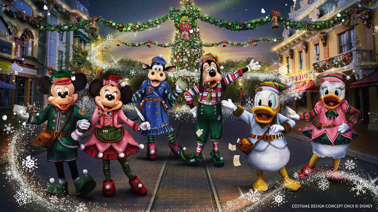 Mickey Mouse, Minnie Mouse, Donald, Daisy, Goofy and Clarabelle Cow in their holiday attire (concept art)