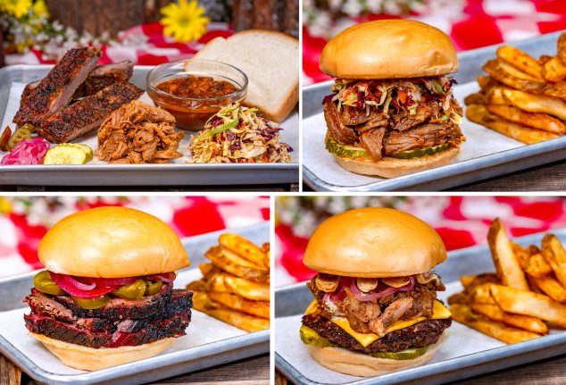 Smoked Barbecue Combo Platter; Barbecue Pulled Pork Sandwich; Smoked Beef Brisket Sandwich; Smoked Angus Beef Burger Hungry Bear Barbecue Jamboree Foodie Guide