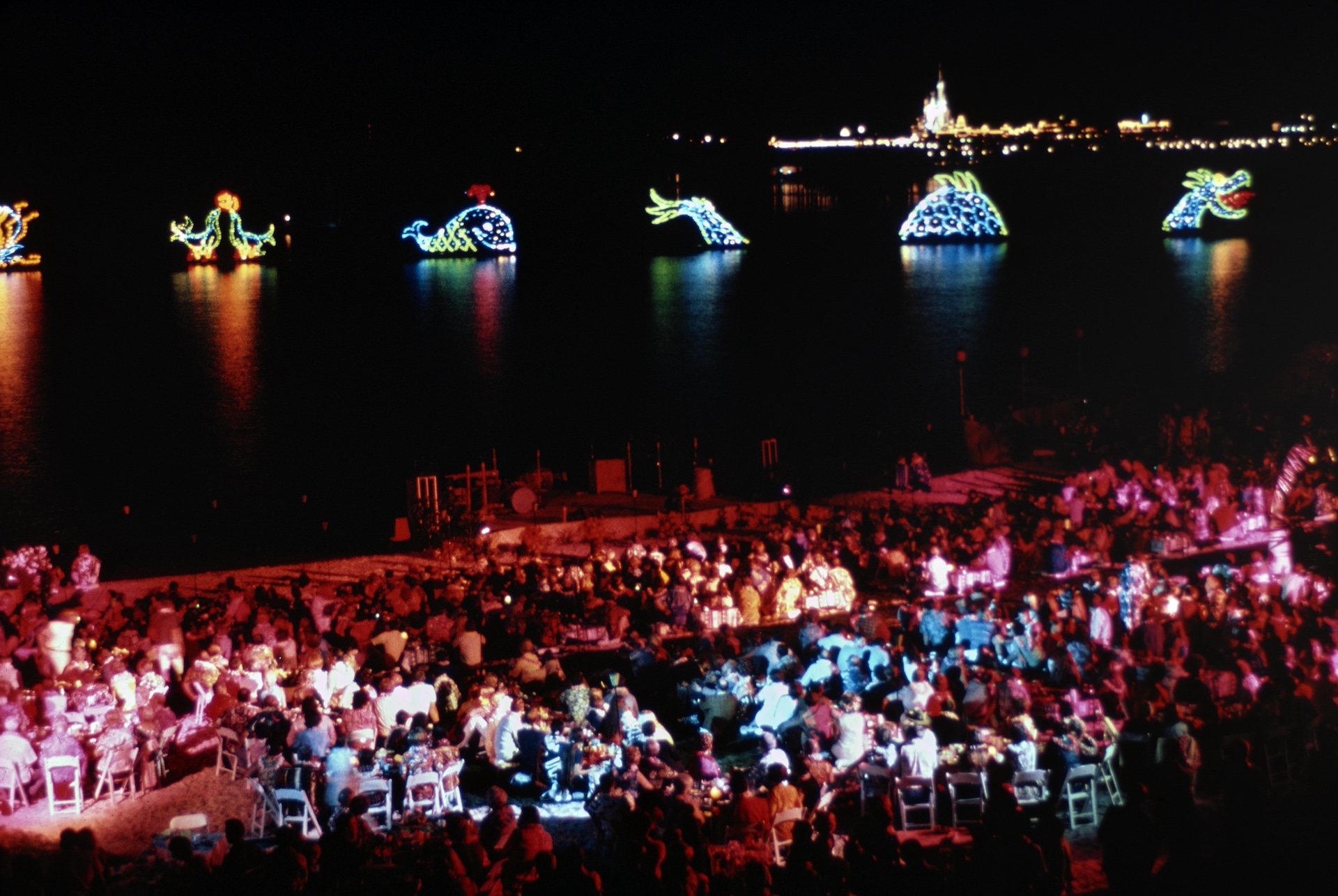 Guests watched the debut of the Electrical Water Pageant from the beach of Disney’s Polynesian Village Resort on Oct. 24, 1971.