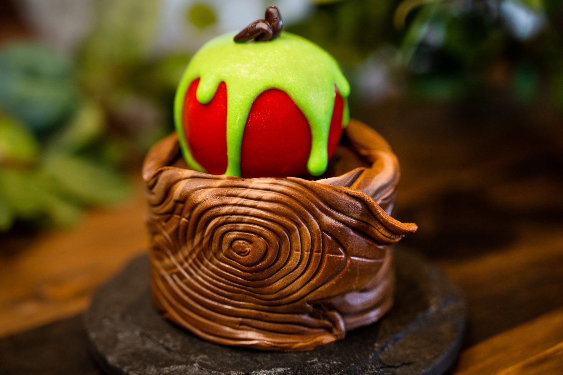 Haunted Forest Apple Mousse: Green cake with cookies and cream mousse and sour apple mousse