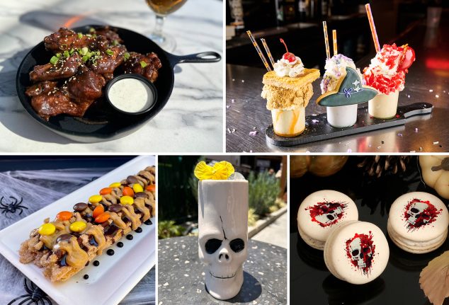 Black Garlic Thai Chili Wings; Fright Night Mini CrazyShake Flight; Spooky Churro; Casa de Sangre Margarita; Caramel Apple Macarons