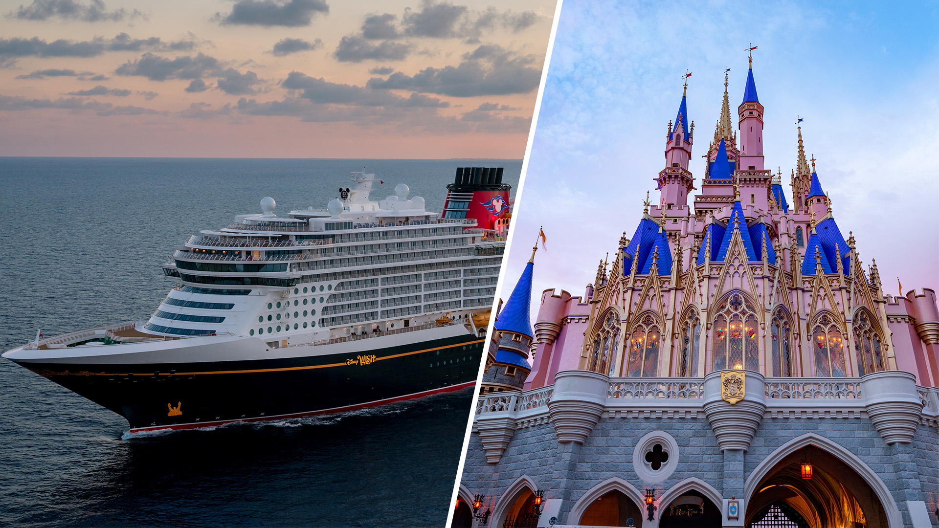 Cinderella Castle and a Disney Cruise Line ship