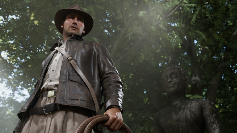 Screenshot of Indiana Jones holding whip in jungle in Indiana Jones and the Great Circle 