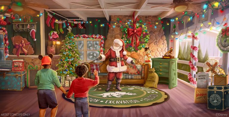 Concept art of Santa meeting guests at Disney's Animal Kingdom