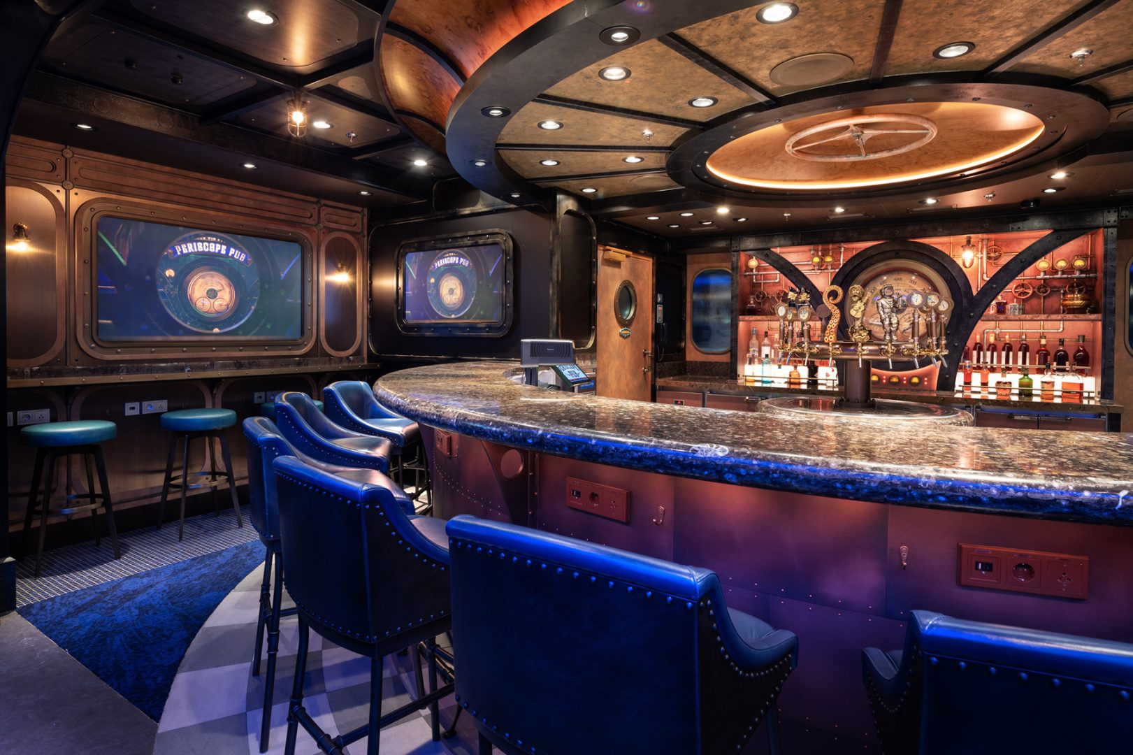 Periscope Pub, a "20,000 Leagues Under the Sea"-inspired lounge onboard the Disney Treasure