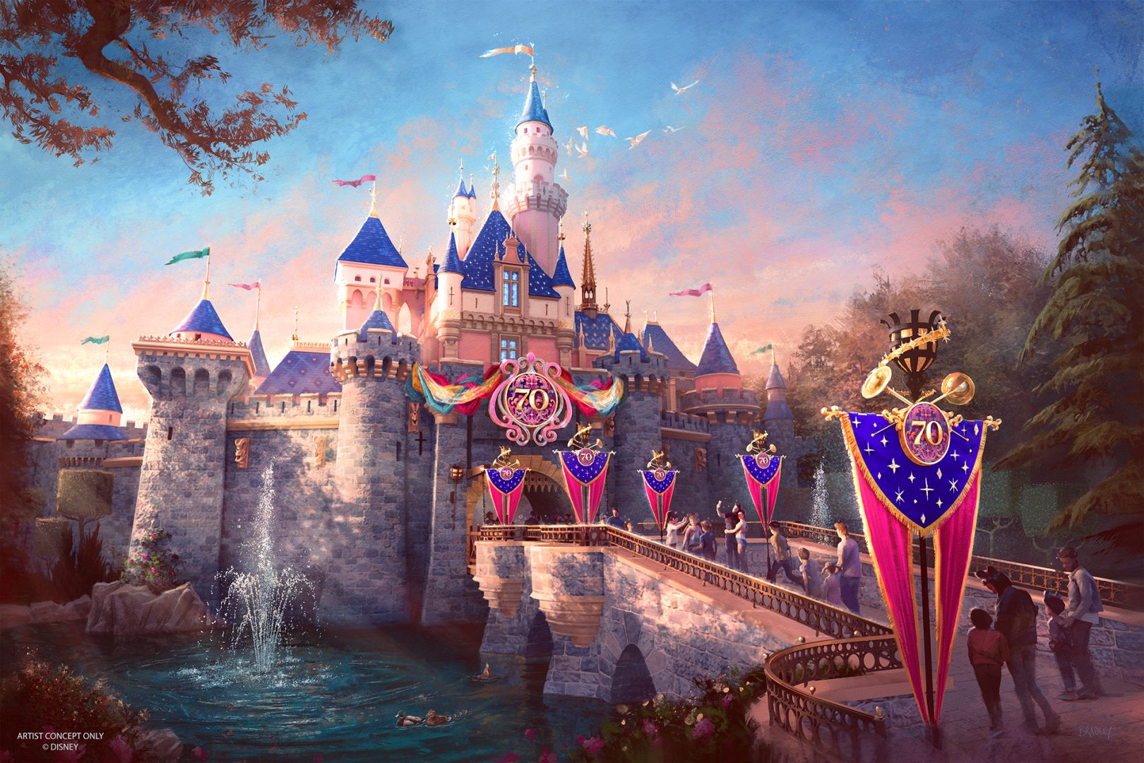 Concept art of Sleeping Beauty Castle decorated for the 70th celebration