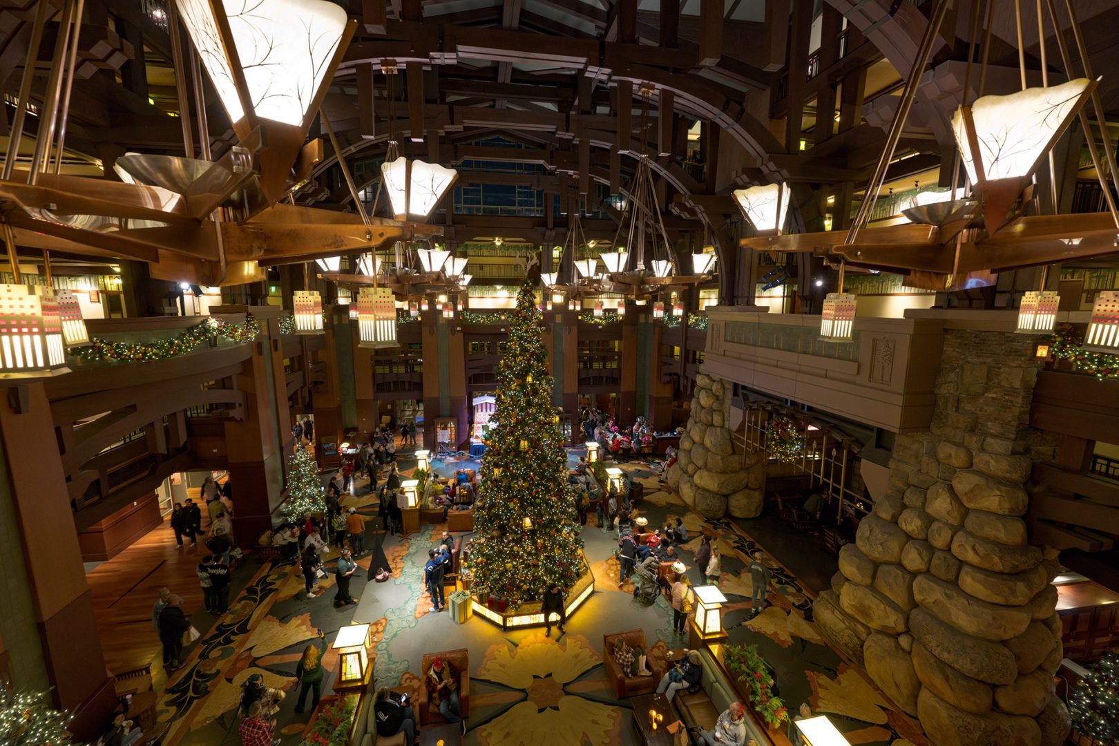 The lobby at Disney’s Grand Californian Hotel & Spa, decorated for the holidays