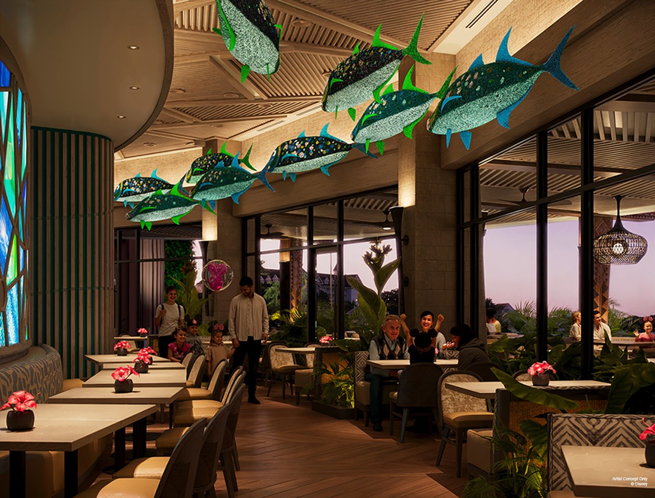 Rendering of Sustainable Art installations inside Wailulu Bar & Grill at the Island Tower Addition at Disney's Polynesian Villas & Bungalows