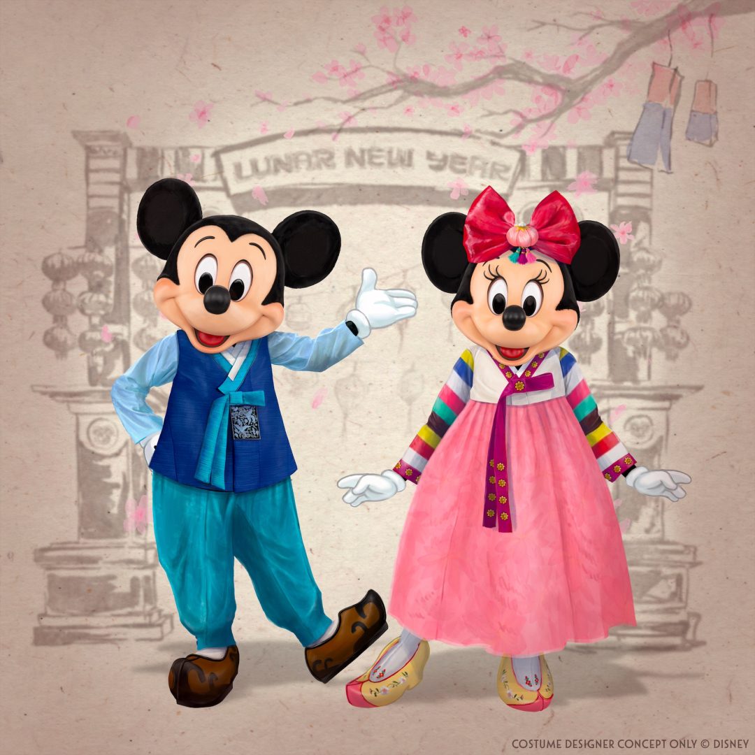 Mickey Mouse and Minnie Mouse in all-new outfits with representations of traditional Korean attire (Costume Designer Concept Only)