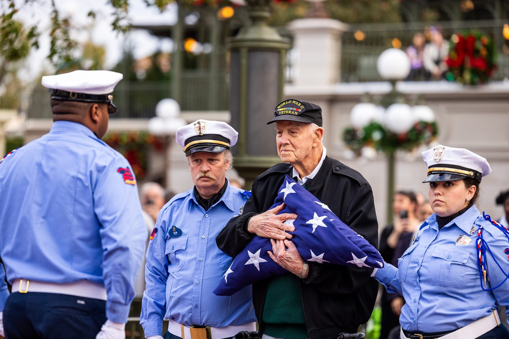 World War II veteran participates in Flag Retreat ceremony, Walt Disney World