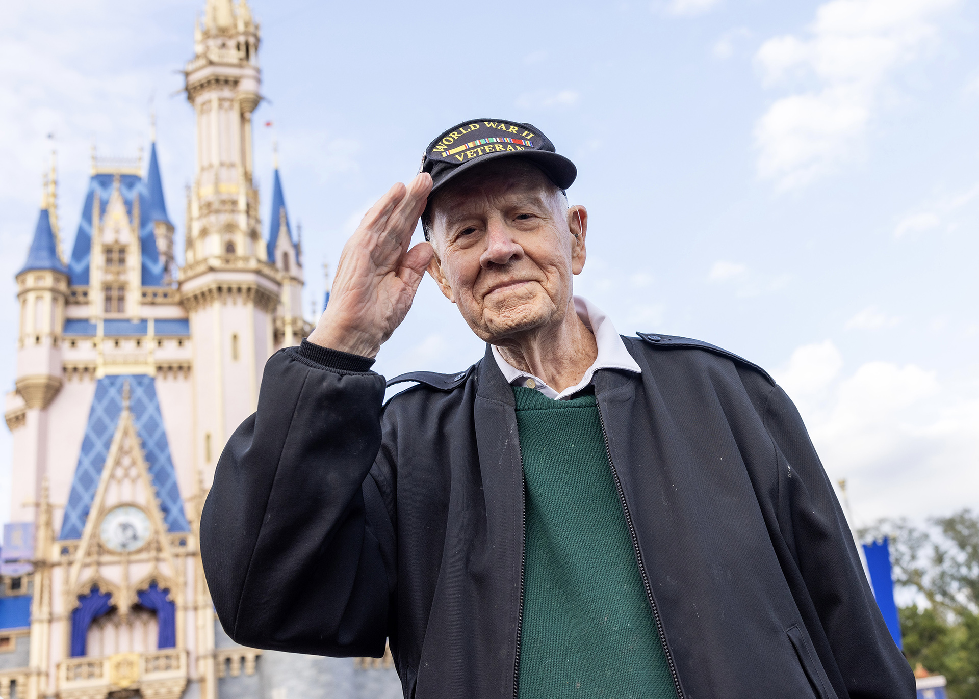 World War II veteran in front of Cinderella Castle, Walt Disney World