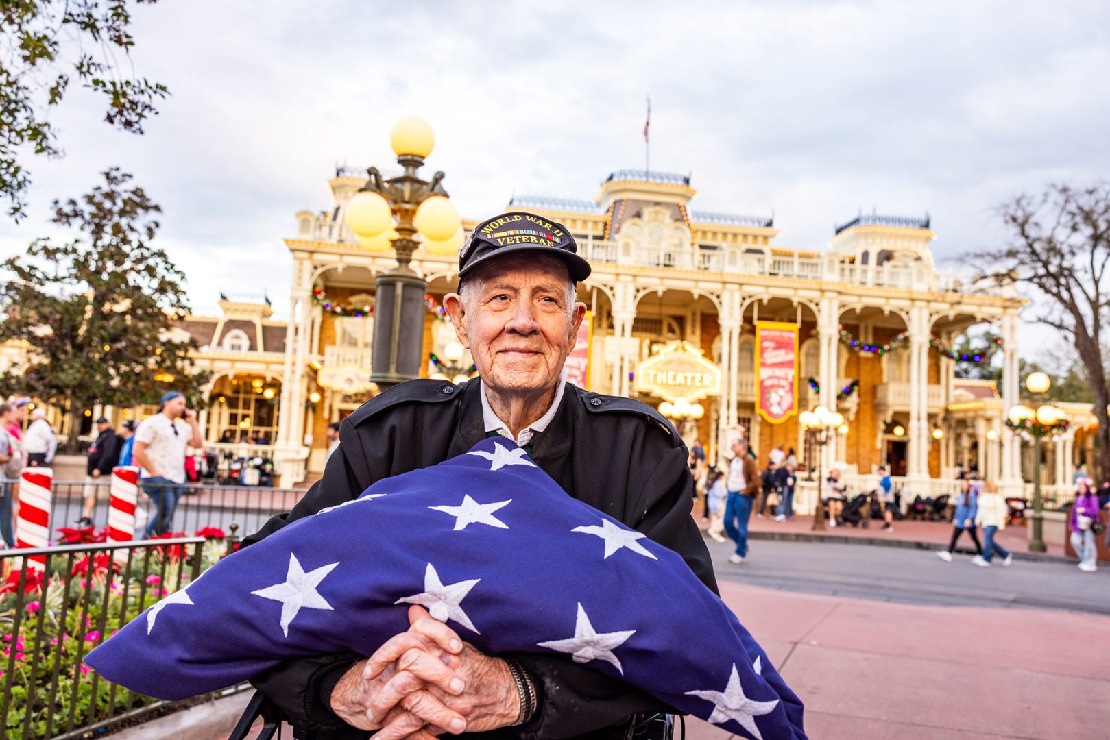 World War II veteran participates in Flag Retreat ceremony, Walt Disney World