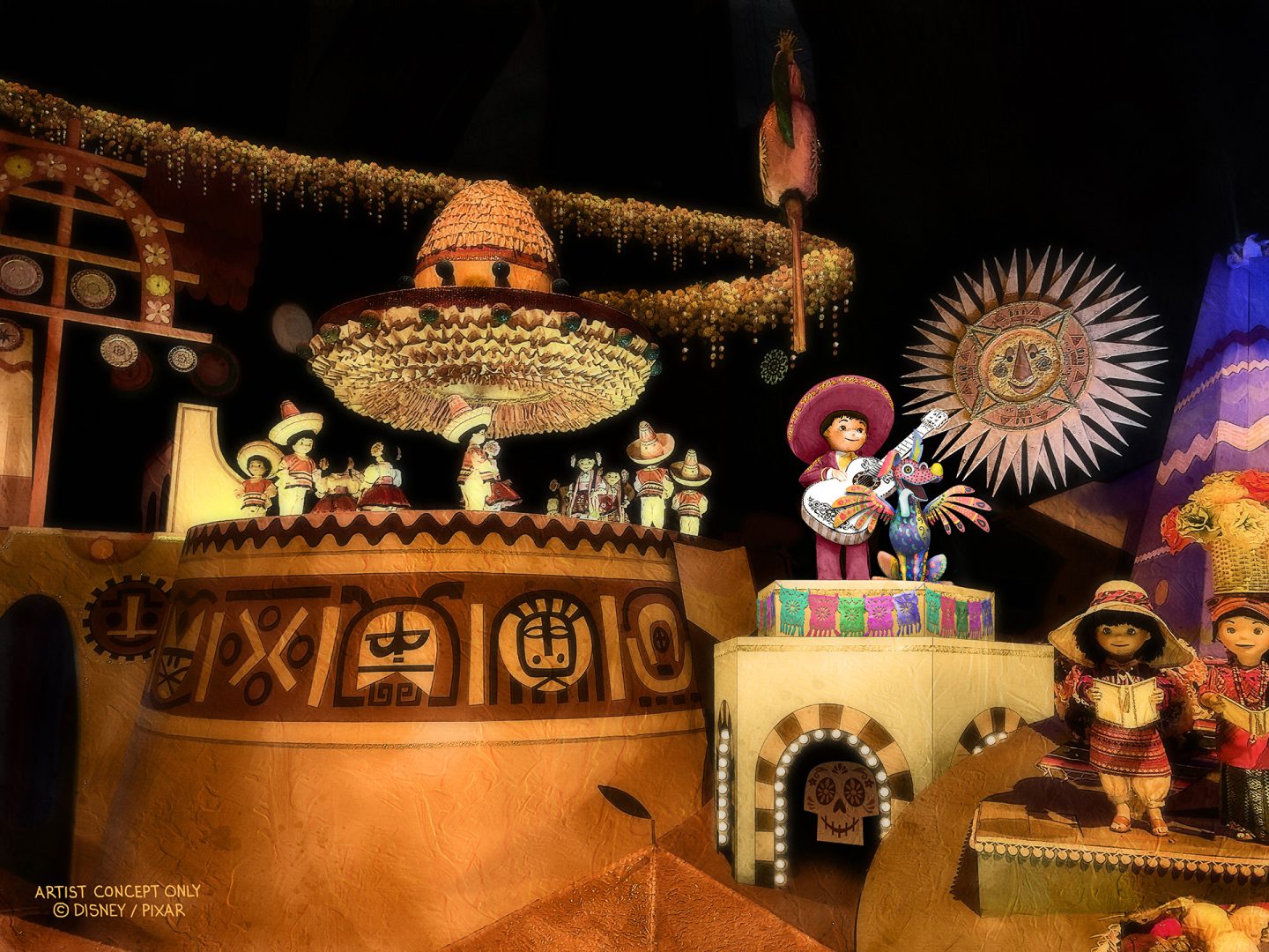 Miguel and Dante from "Coco" in "it's a small world," Disneyland Park