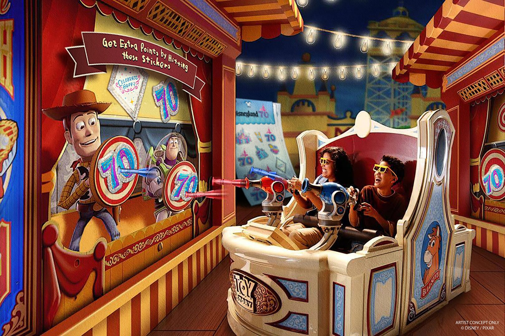 Toy Story Midway Mania!, Disney California Adventure, featuring nods to the 70th anniversary