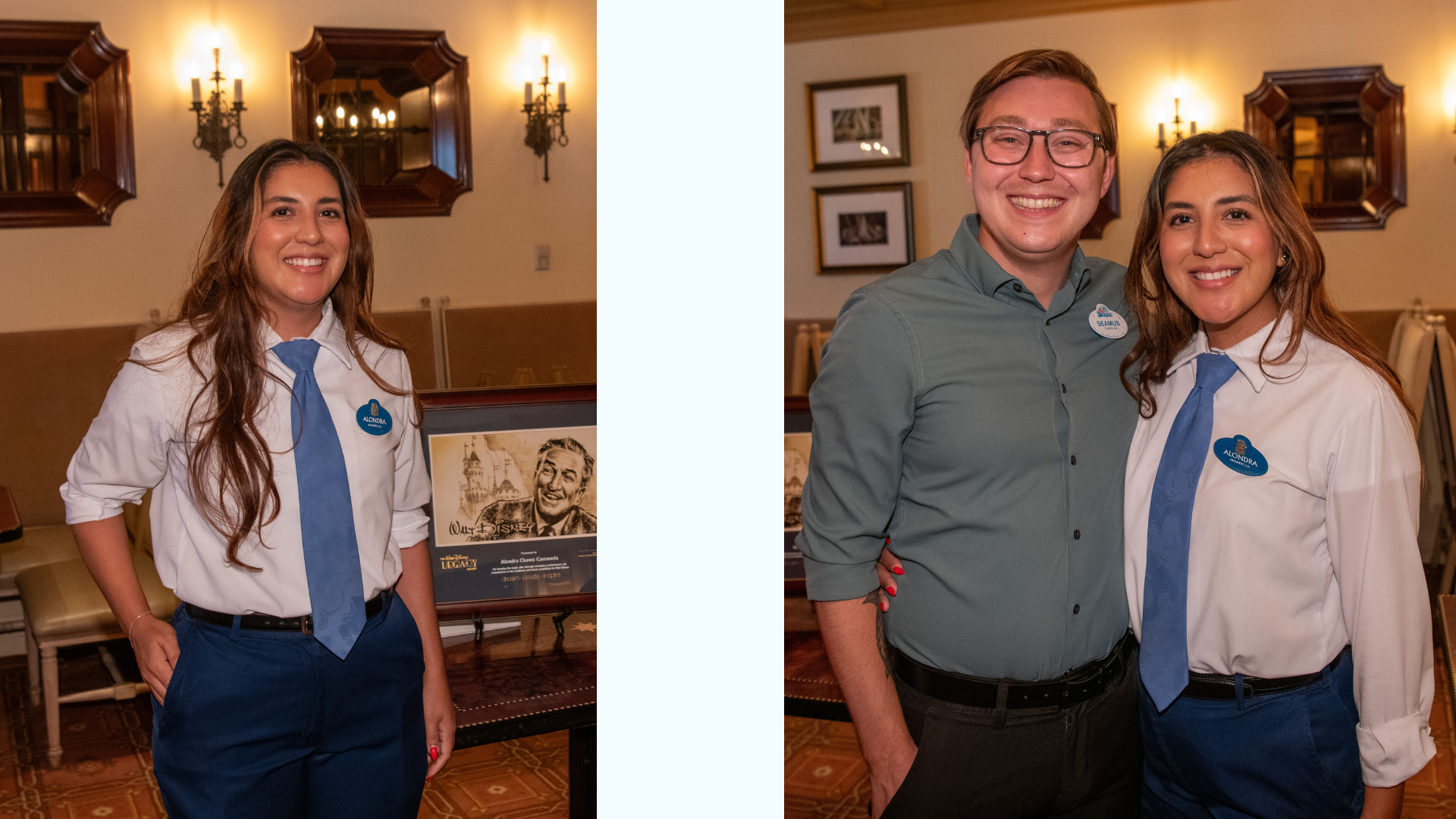Two smiling individuals in Disney attire stand together, celebrating an award.