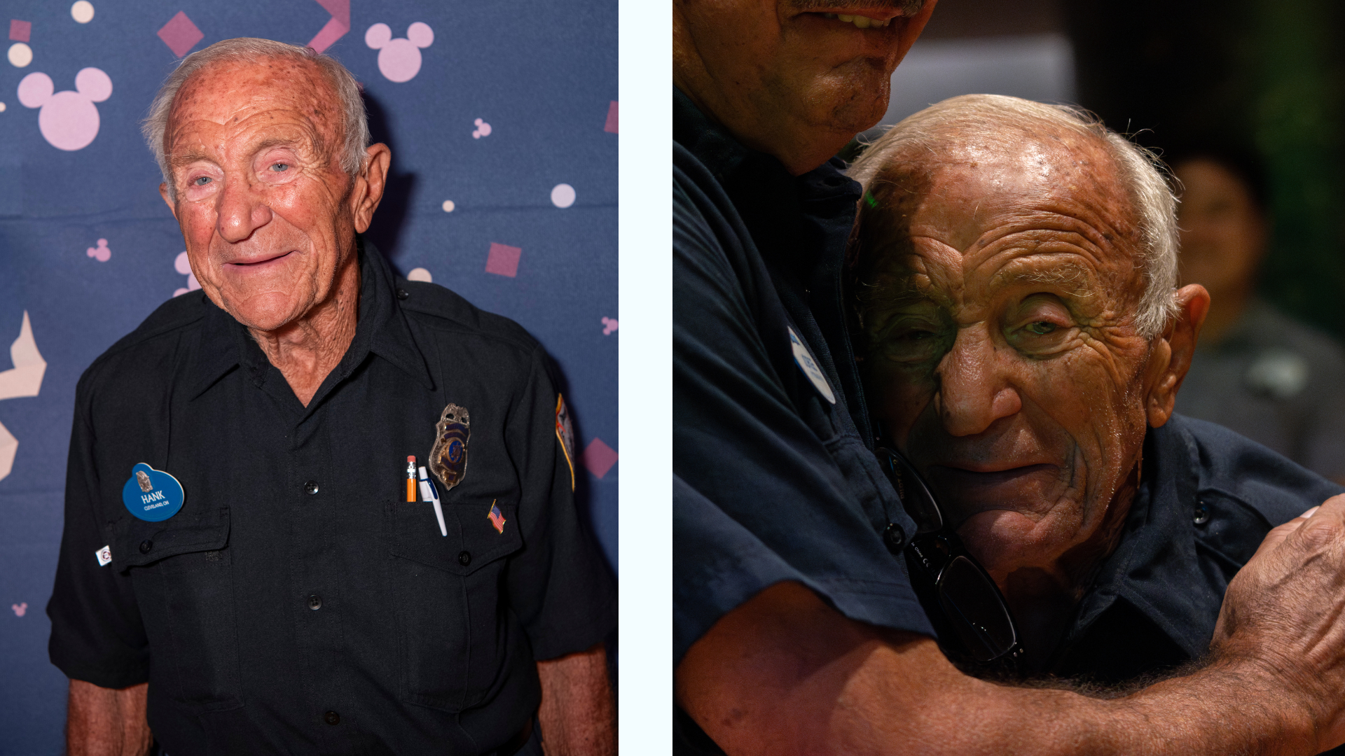 Elderly man in uniform smiling, standing against a colorful backdrop.