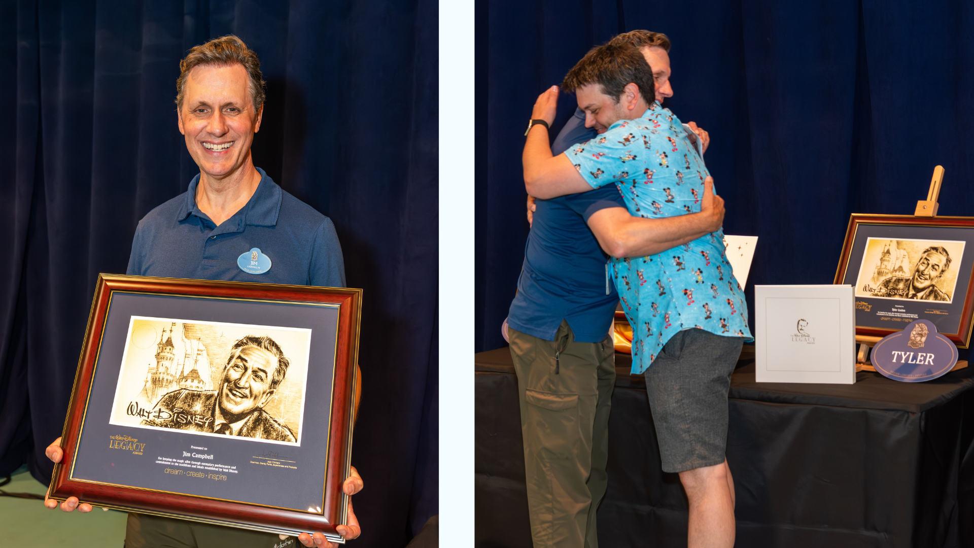 Man holding a framed award smiles; another man hugs him nearby.
