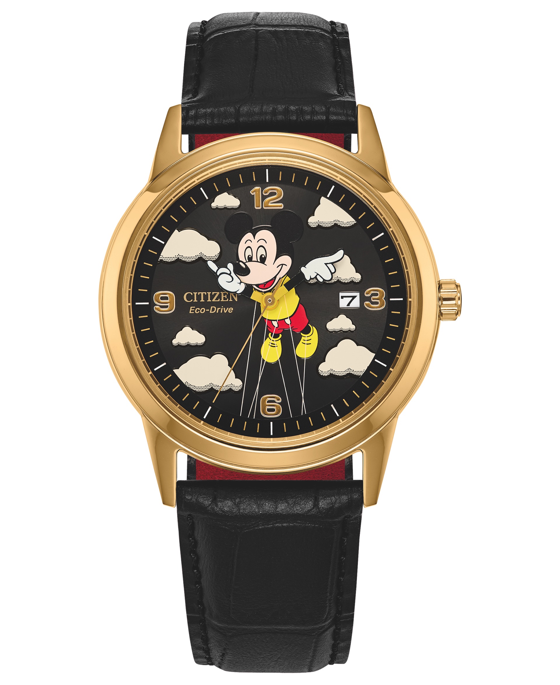 Disney x Macy’s Holiday Collection Soaring High Mickey Mouse Black Leather Strap Watch 