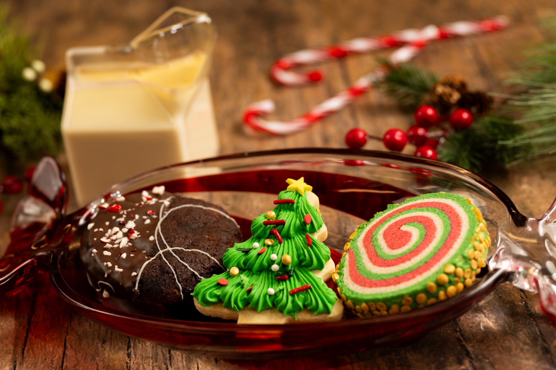 Cookies with Eggnog: Eggnog with Siesta Key Spiced Rum served with tree sugar cookie, snickerdoodle swirl cookie, and chocolate-peppermint cookie (New) 