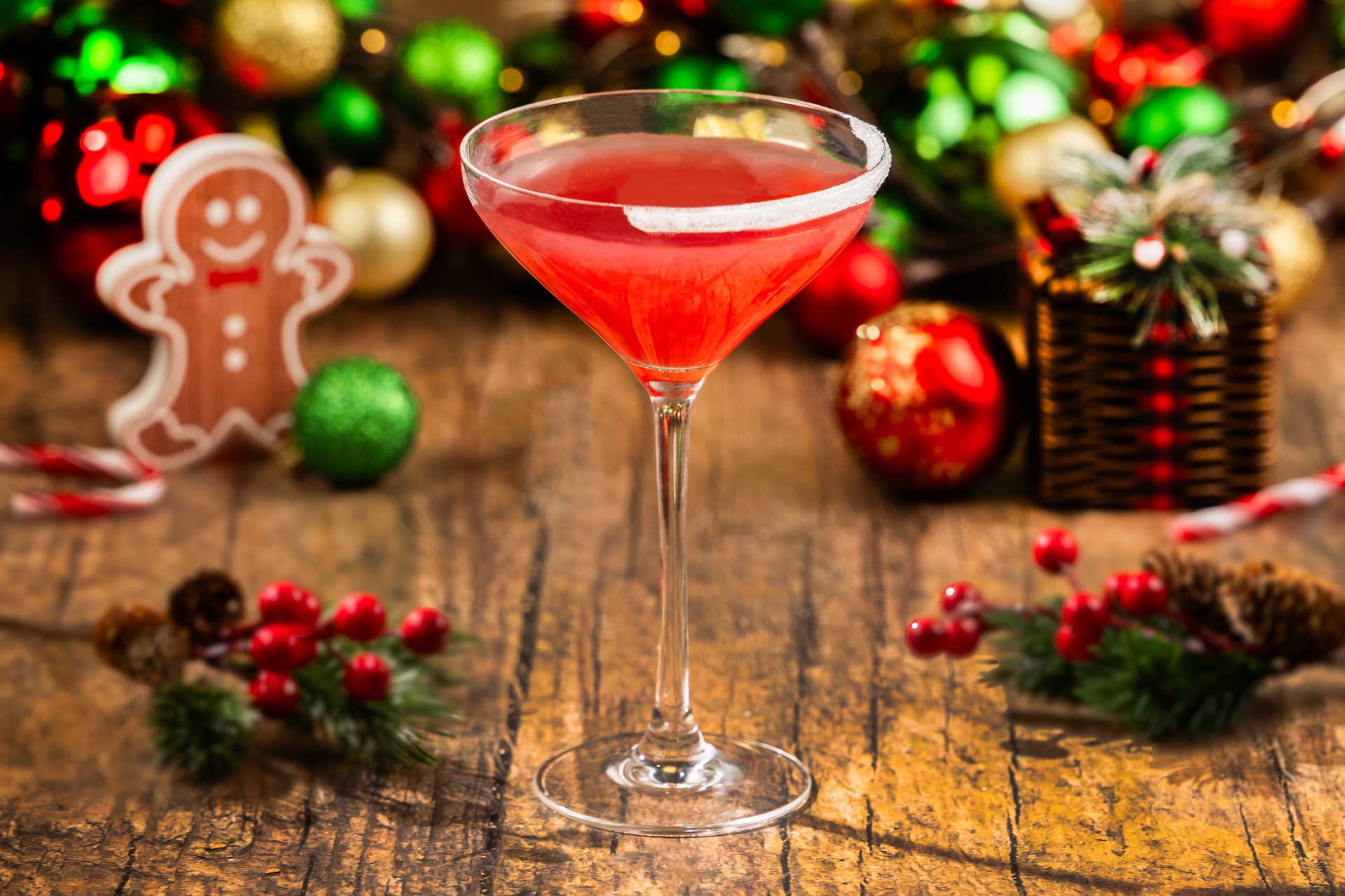 Holiday Cosmopolitan: Grainger's Deluxe Organic Vanilla Vodka, Cointreau Liqueur, and cranberry and lime juices garnished with a sugar rim (New) 