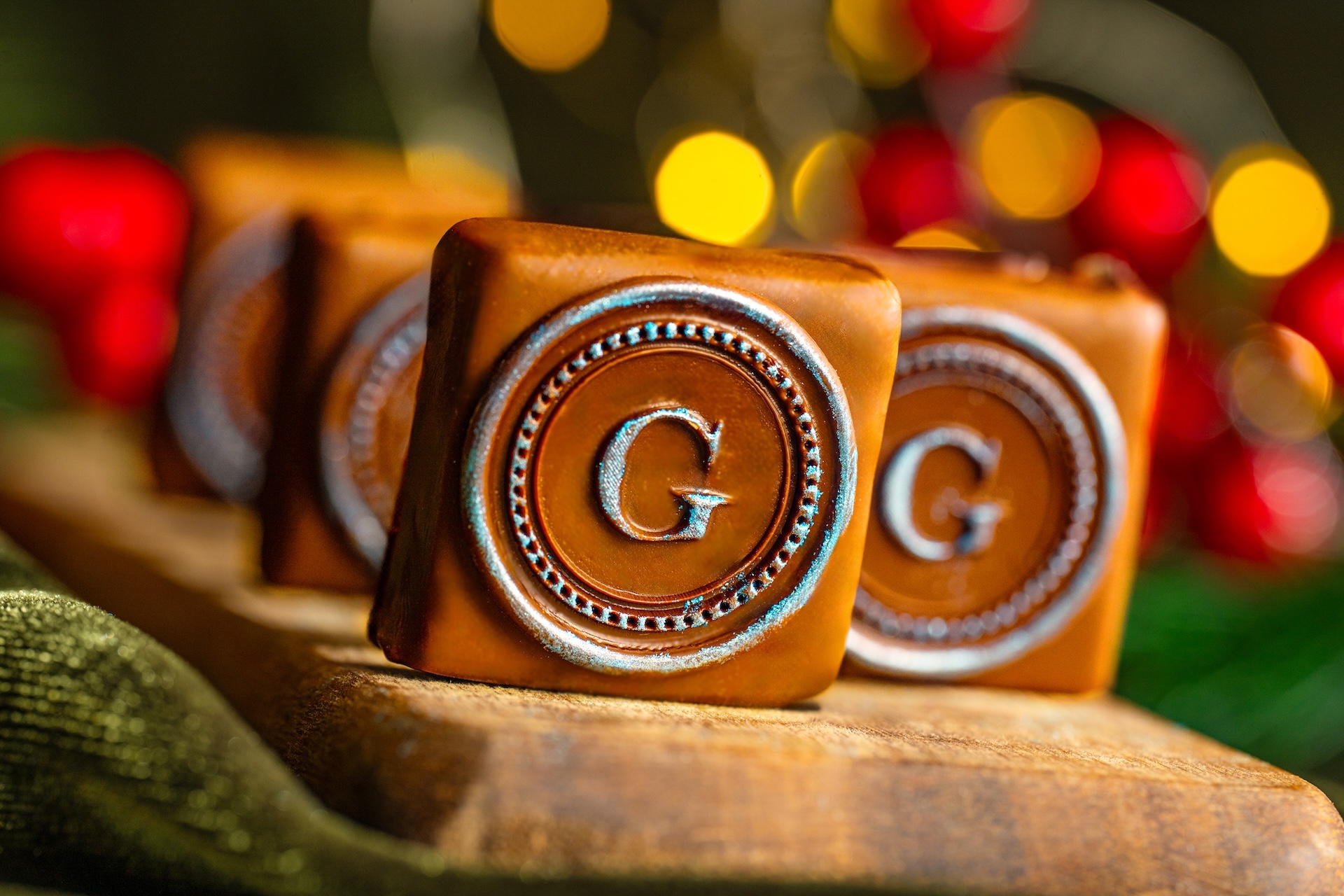 10-Year Tawny Port Ganache Square:10-Year Tawny Port blended with milk chocolate and covered with 65% dark chocolate 