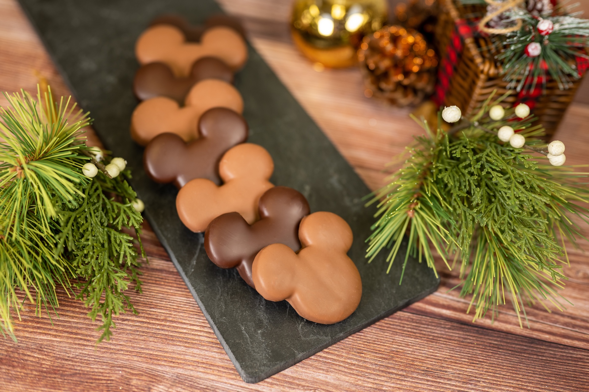 Mickey Chocolate-covered Gingerbread Cookies: Spiced gingerbread cookies enrobed in milk chocolate and dark 65% chocolate 